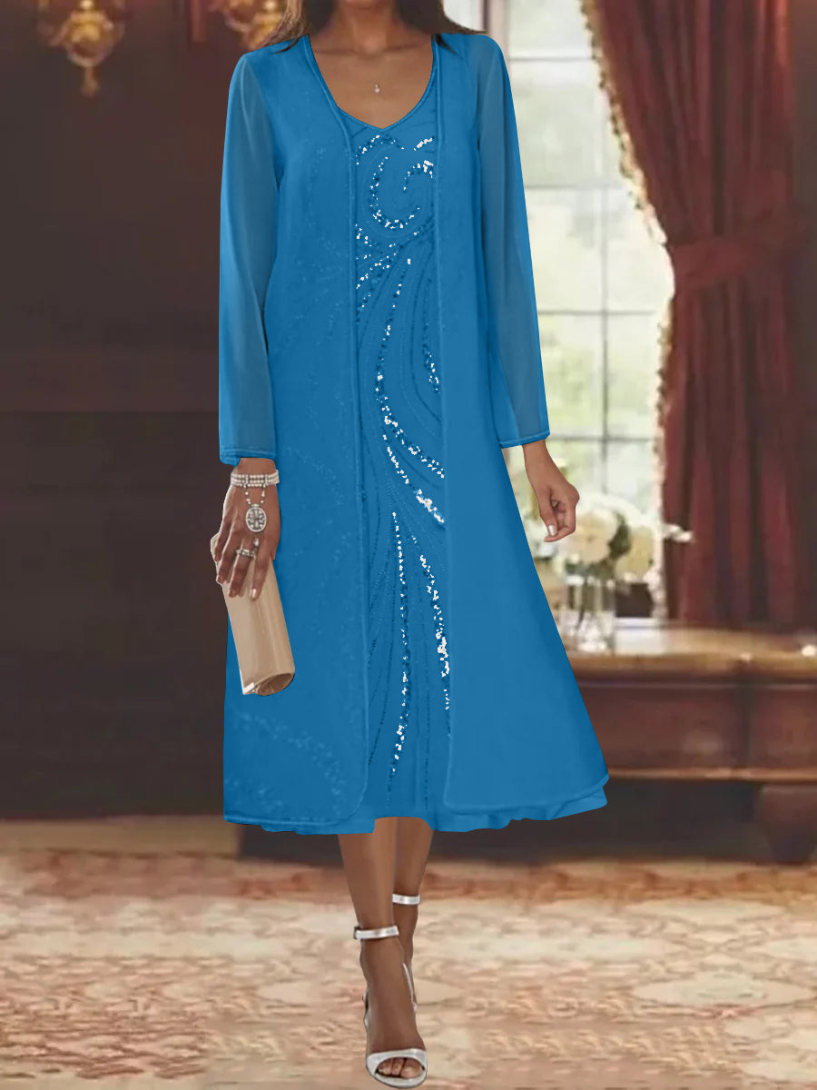 Robe de Mère de la Mariée Fourreau/Colonne à Col en V et Manches Longues, Longueur Thé, avec Veste et Paillettes