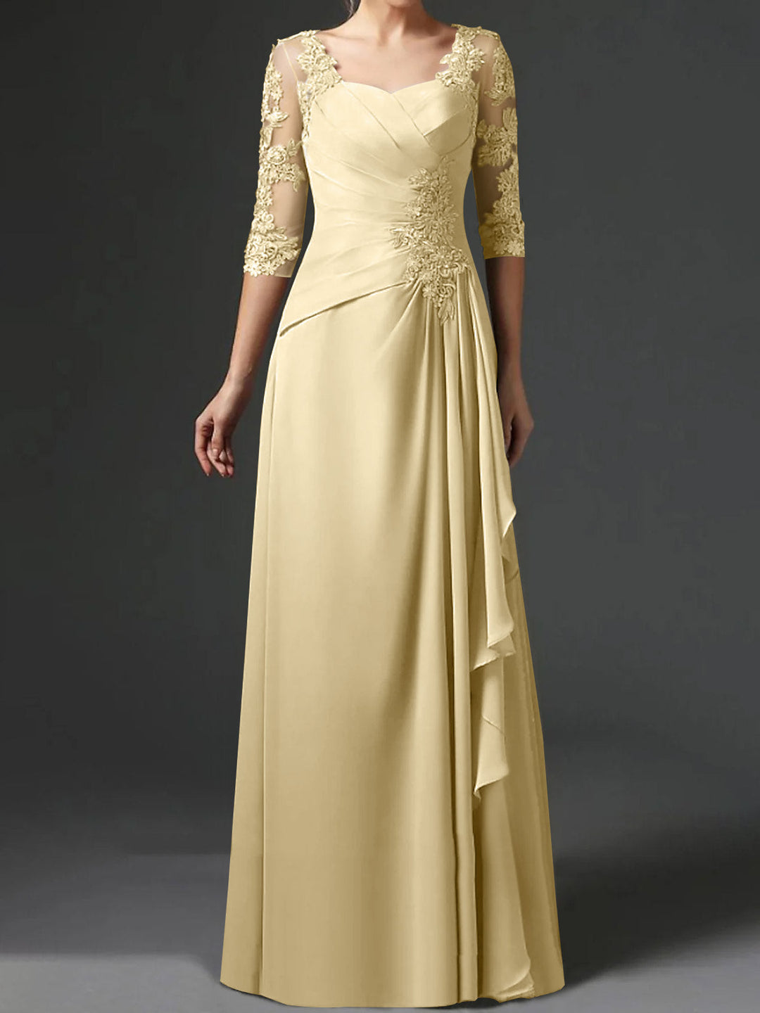 Robe de Mère de la Mariée Coupe A-Line/Princess à Col Carré et Manches Mi-Longues avec Fronces