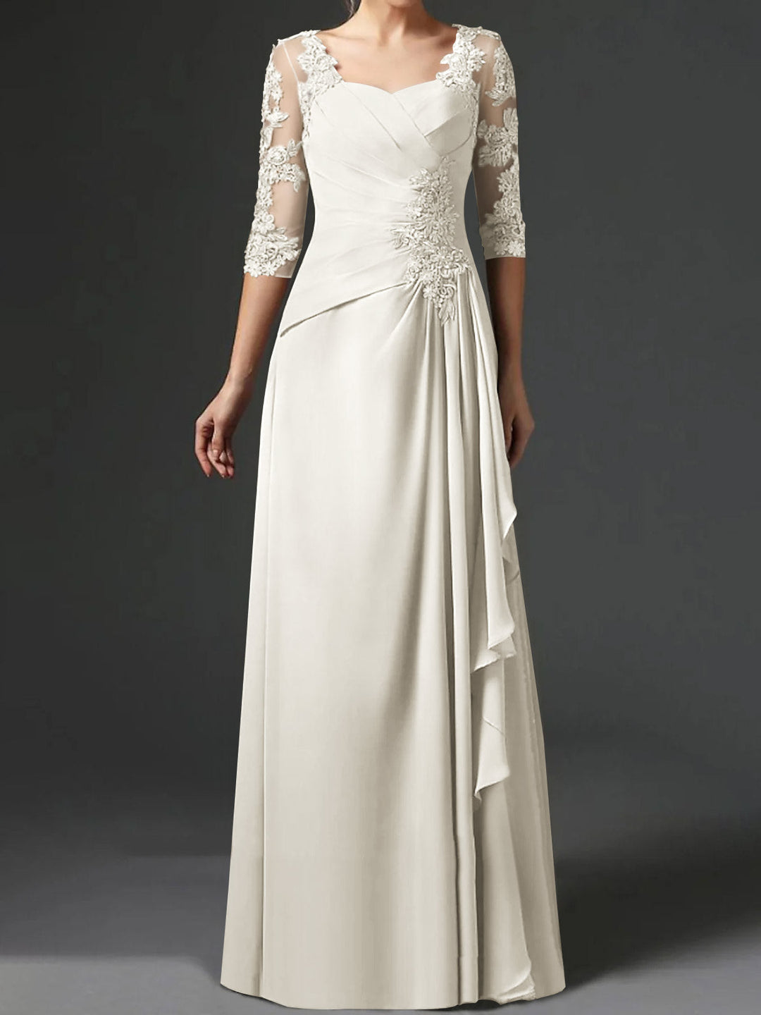 Robe de Mère de la Mariée Coupe A-Line/Princess à Col Carré et Manches Mi-Longues avec Fronces