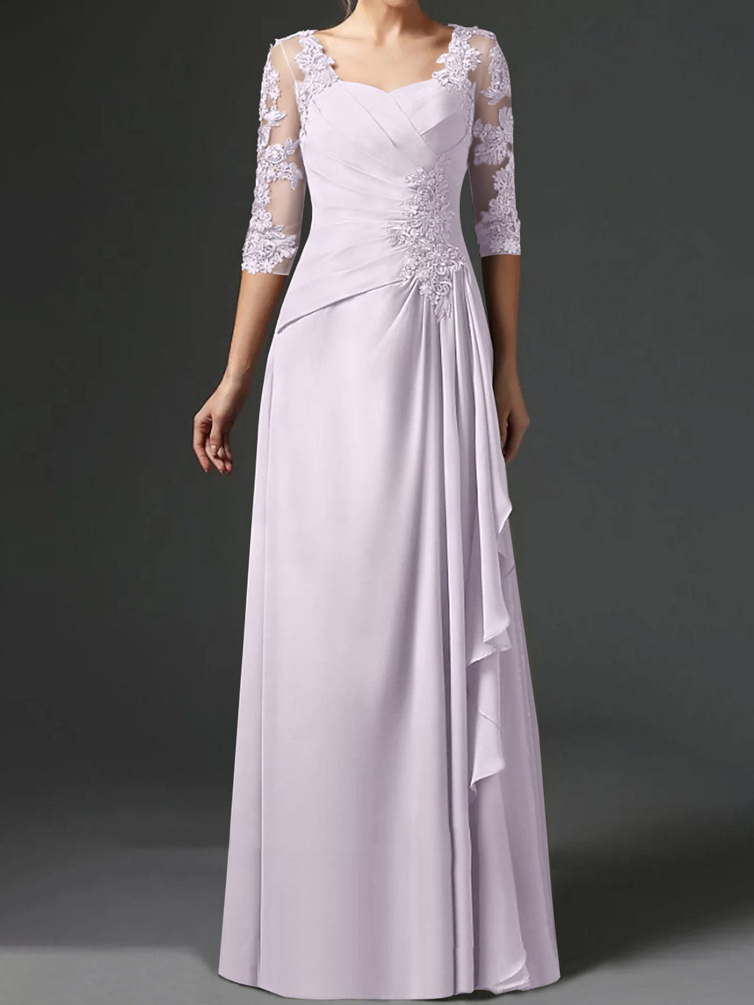 Robe de Mère de la Mariée Coupe A-Line/Princess à Col Carré et Manches Mi-Longues avec Fronces
