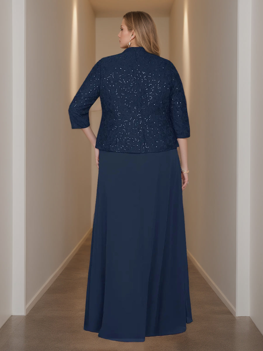 Robe de Mère de la Mariée Fourreau/Colonne 2 Pièces, Col Carré, Manches 3/4, Longueur Au Sol, avec Veste, Dentelle et Paillettes