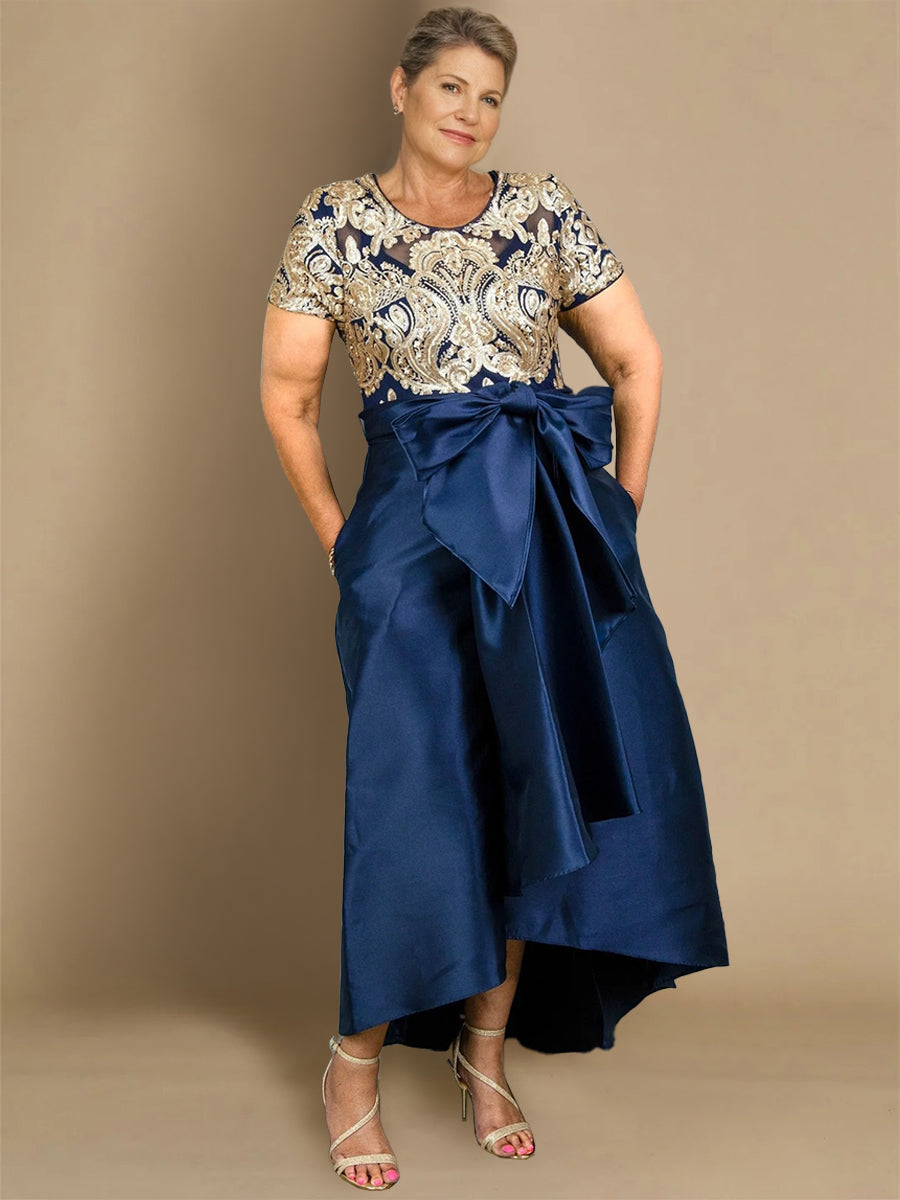 Robe de Mère de la Mariée Asymétrique Grande Taille à Col Rond et Manches Courtes, Coupe A-Line/Princess