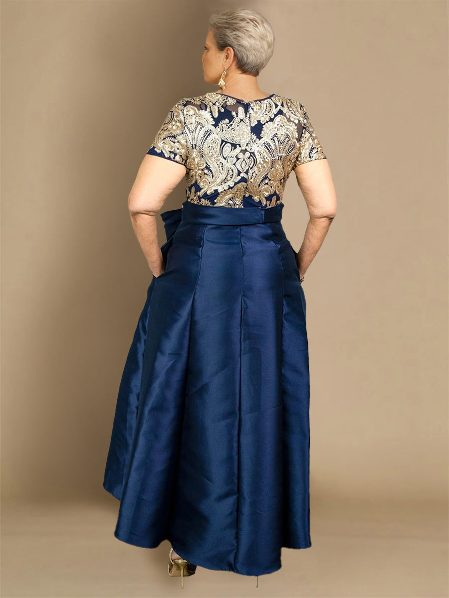 Robe de Mère de la Mariée Asymétrique Grande Taille à Col Rond et Manches Courtes, Coupe A-Line/Princess