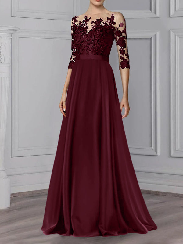 Robe de Mère de la Mariée Coupe A-Line/Princess, Col Bijou, Manches 3/4, Longueur Au Sol