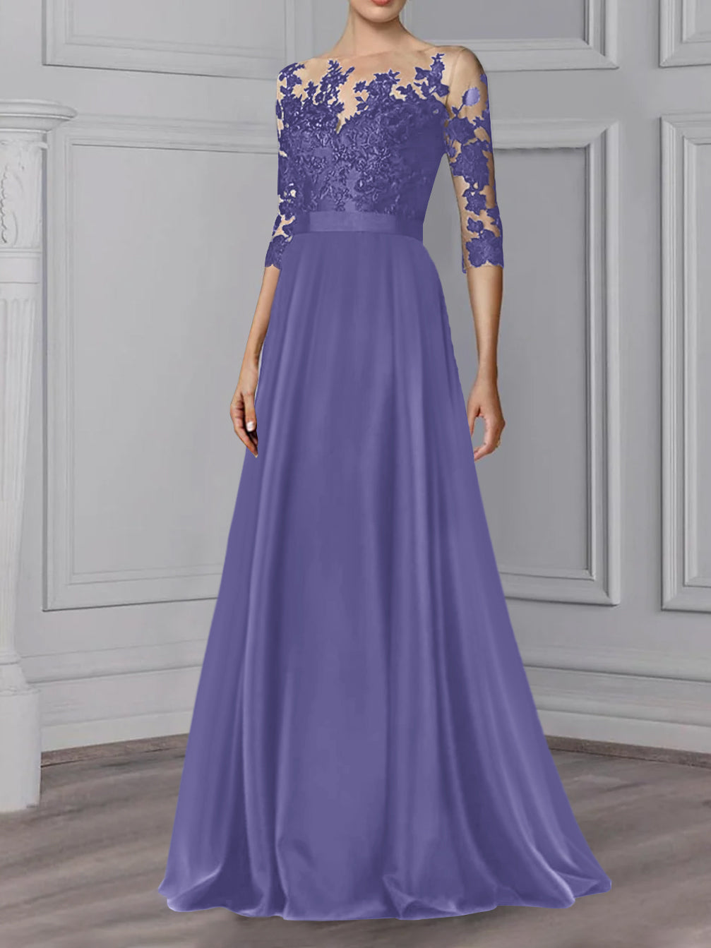 Robe de Mère de la Mariée Coupe A-Line/Princess, Col Bijou, Manches 3/4, Longueur Au Sol