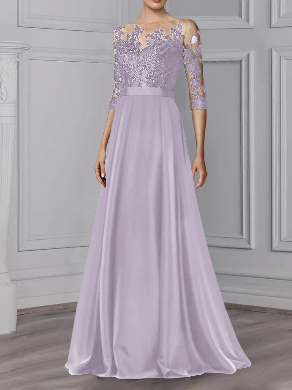 Robe de Mère de la Mariée Coupe A-Line/Princess, Col Bijou, Manches 3/4, Longueur Au Sol