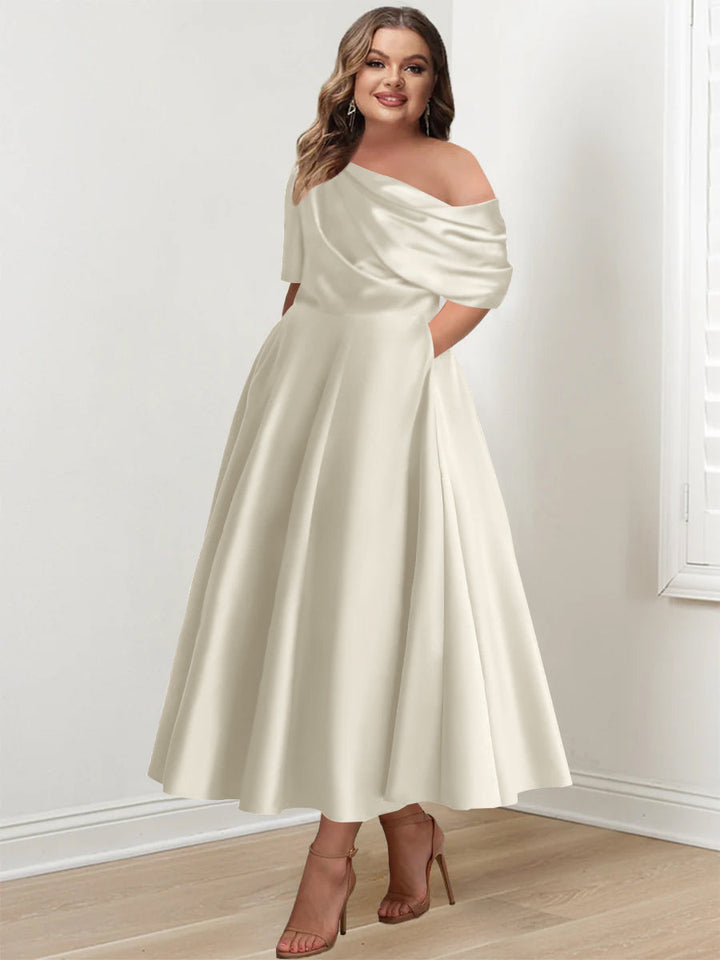 Robe de Mère de la Mariée Grande Taille, Coupe A-Line/Princess, Asymétrique, Manches Mi-Longues, Longueur Cheville, avec Volants