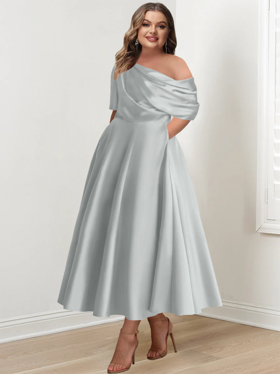 Robe de Mère de la Mariée Grande Taille, Coupe A-Line/Princess, Asymétrique, Manches Mi-Longues, Longueur Cheville, avec Volants