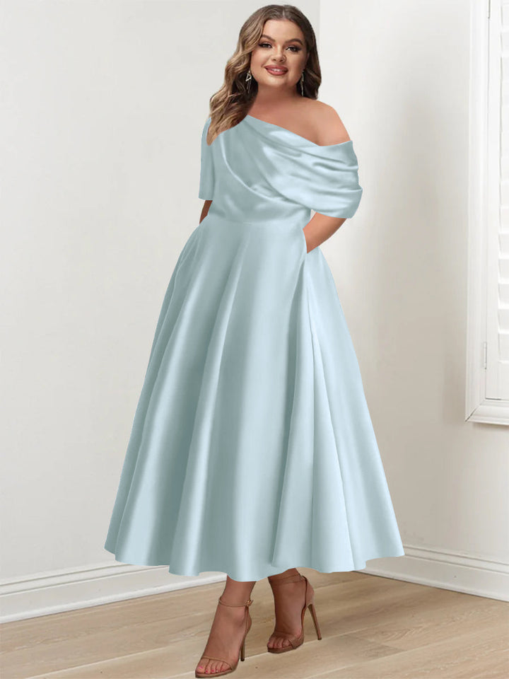 Robe de Mère de la Mariée Grande Taille, Coupe A-Line/Princess, Asymétrique, Manches Mi-Longues, Longueur Cheville, avec Volants