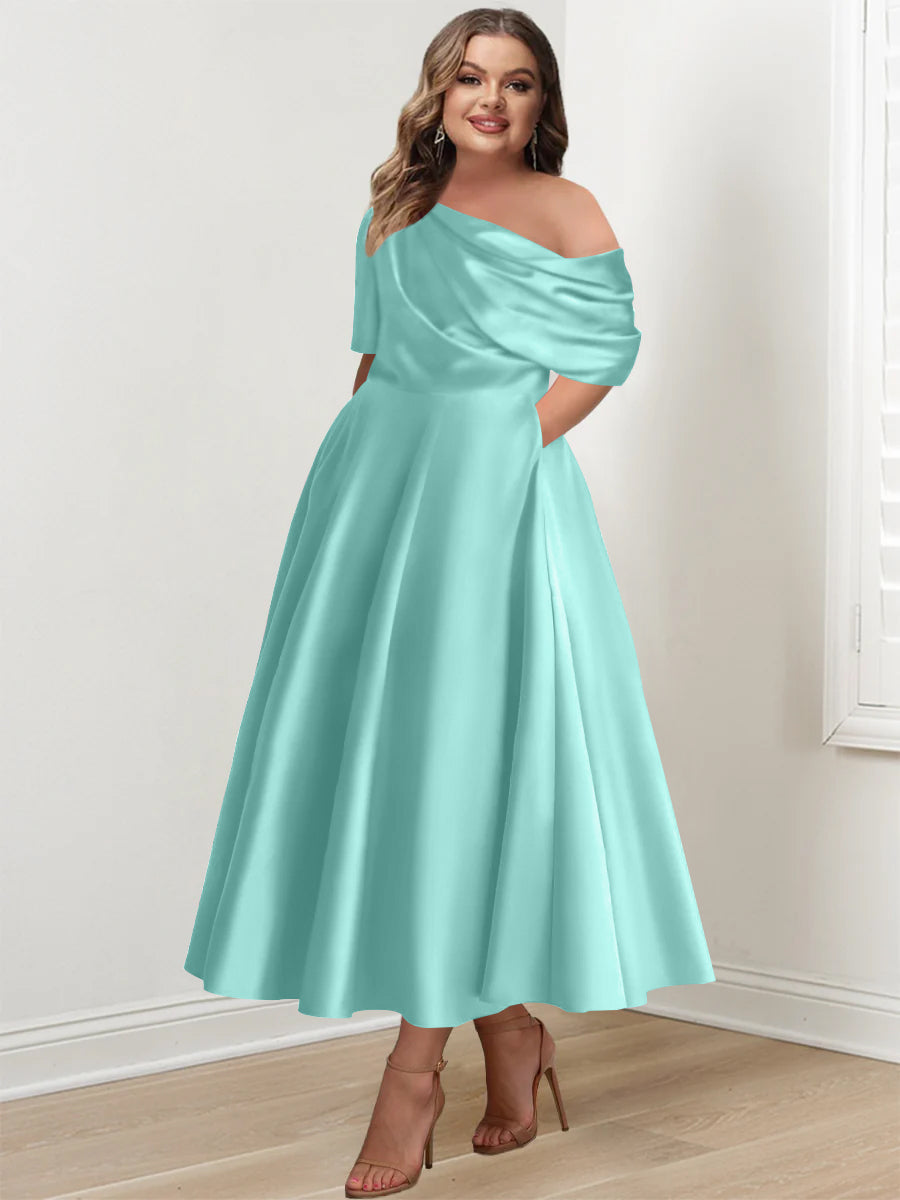 Robe de Mère de la Mariée Grande Taille, Coupe A-Line/Princess, Asymétrique, Manches Mi-Longues, Longueur Cheville, avec Volants