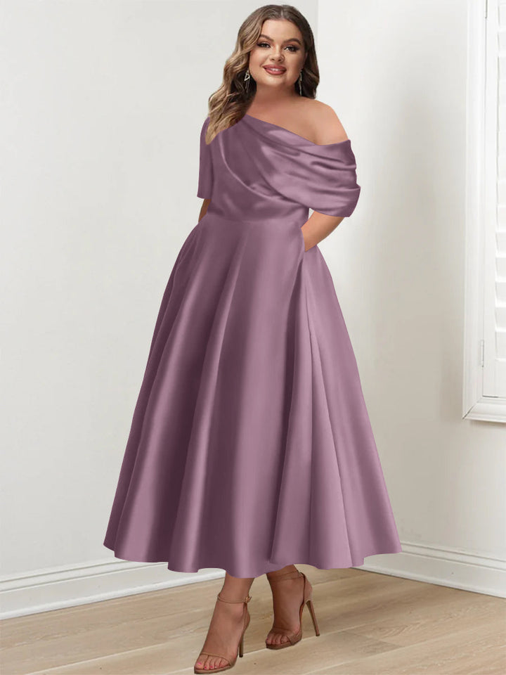 Robe de Mère de la Mariée Grande Taille, Coupe A-Line/Princess, Asymétrique, Manches Mi-Longues, Longueur Cheville, avec Volants