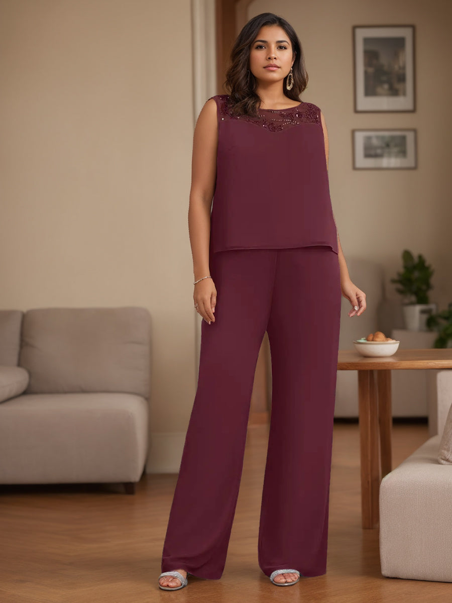 Ensemble 3 Pièces en Mousseline de Soie, Col Rond, Manches 3/4, Longueur Au Sol, Pantalon pour Mère de la Mariée, Grande Taille, avec Veste, Dentelle, Perles et Paillettes