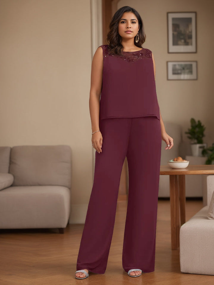 Ensemble 3 Pièces en Mousseline de Soie, Col Rond, Manches 3/4, Longueur Au Sol, Pantalon pour Mère de la Mariée, Grande Taille, avec Veste, Dentelle, Perles et Paillettes