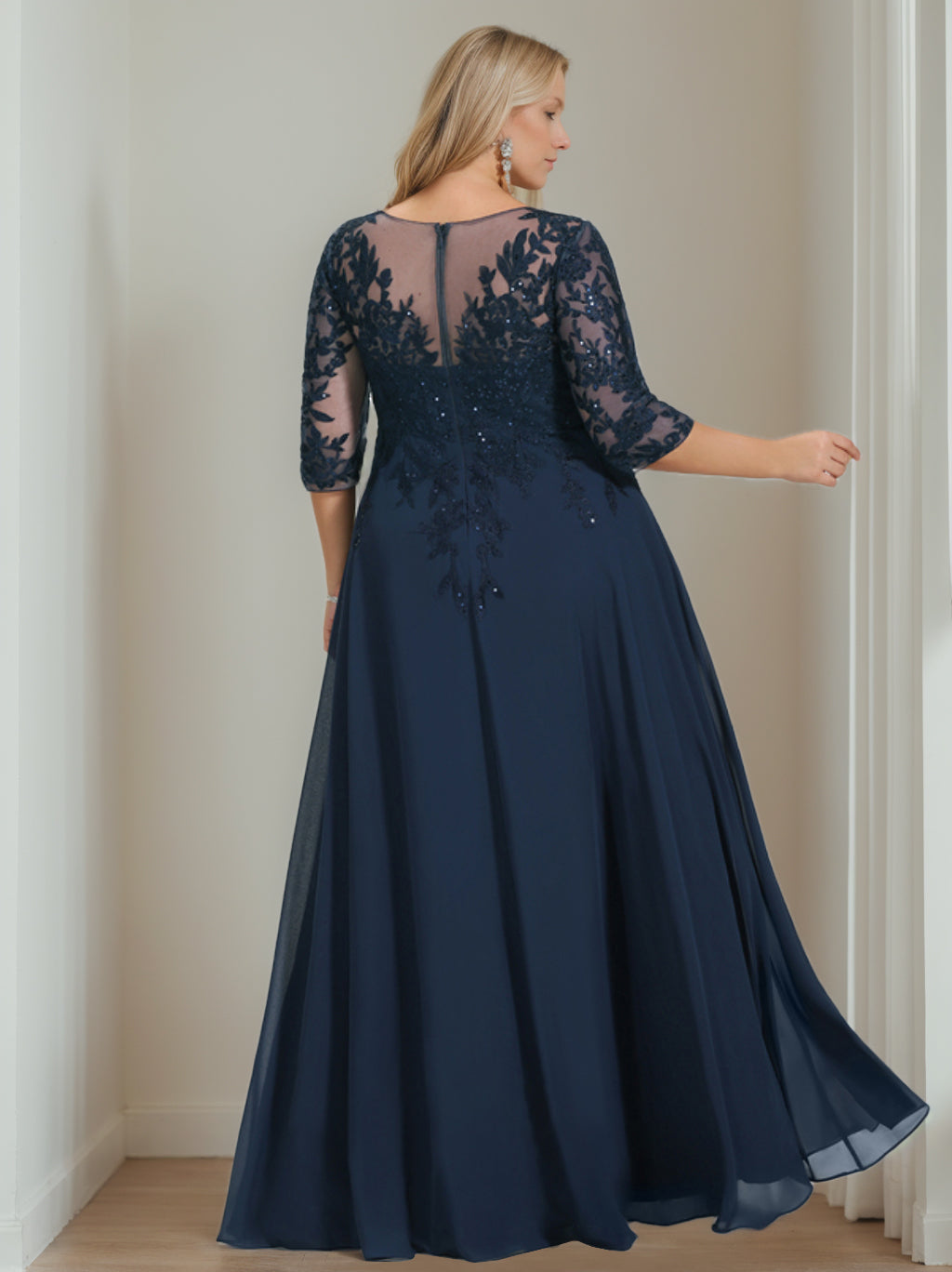 Robe de Mère de la Mariée Grande Taille, Coupe A-Line/Princess, Col en V, Manches Mi-Longues, Longueur Au Sol, avec Paillettes