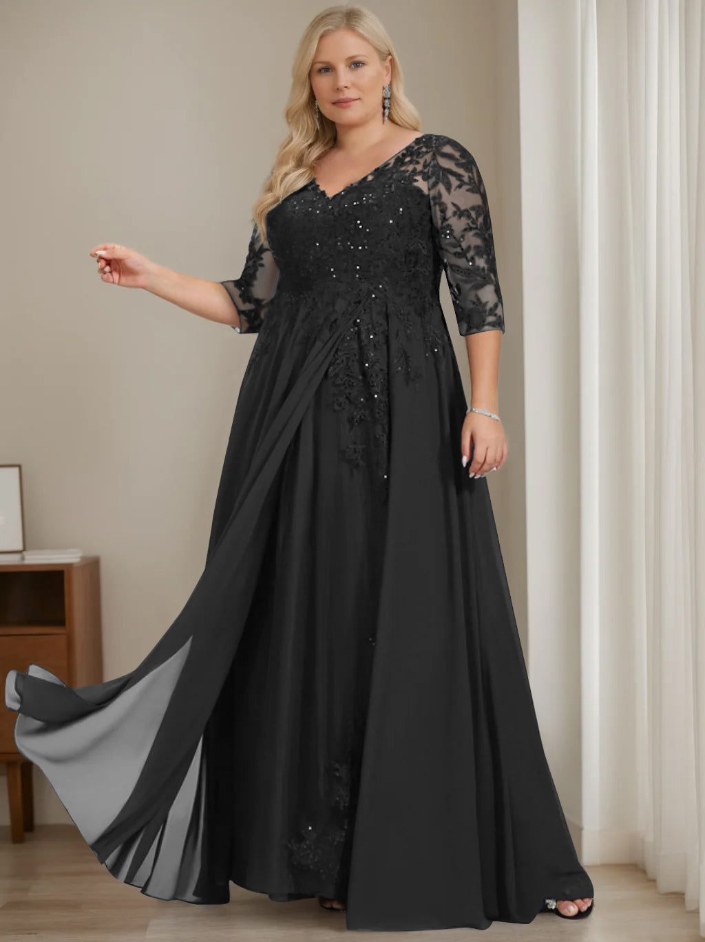 Robe de Mère de la Mariée Grande Taille, Coupe A-Line/Princess, Col en V, Manches Mi-Longues, Longueur Au Sol, avec Paillettes