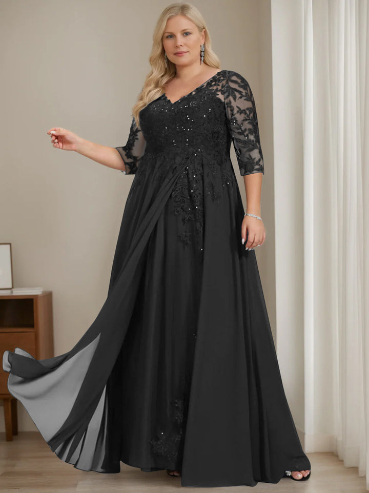 Robe de Mère de la Mariée Grande Taille, Coupe A-Line/Princess, Col en V, Manches Mi-Longues, Longueur Au Sol, avec Paillettes