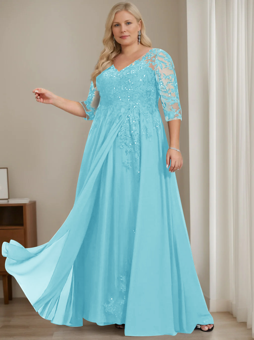 Robe de Mère de la Mariée Grande Taille, Coupe A-Line/Princess, Col en V, Manches Mi-Longues, Longueur Au Sol, avec Paillettes