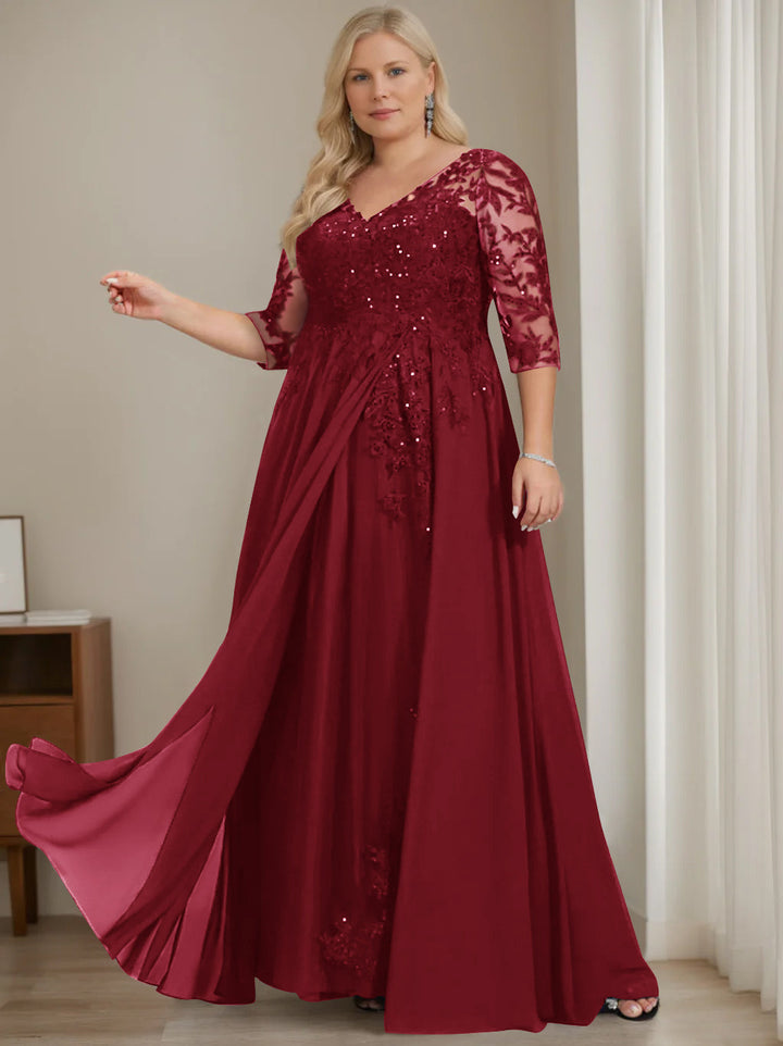 Robe de Mère de la Mariée Grande Taille, Coupe A-Line/Princess, Col en V, Manches Mi-Longues, Longueur Au Sol, avec Paillettes
