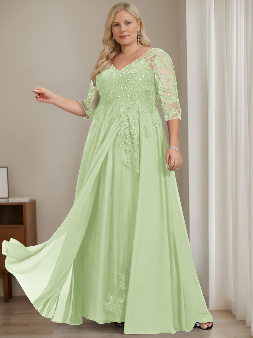Robe de Mère de la Mariée Grande Taille, Coupe A-Line/Princess, Col en V, Manches Mi-Longues, Longueur Au Sol, avec Paillettes