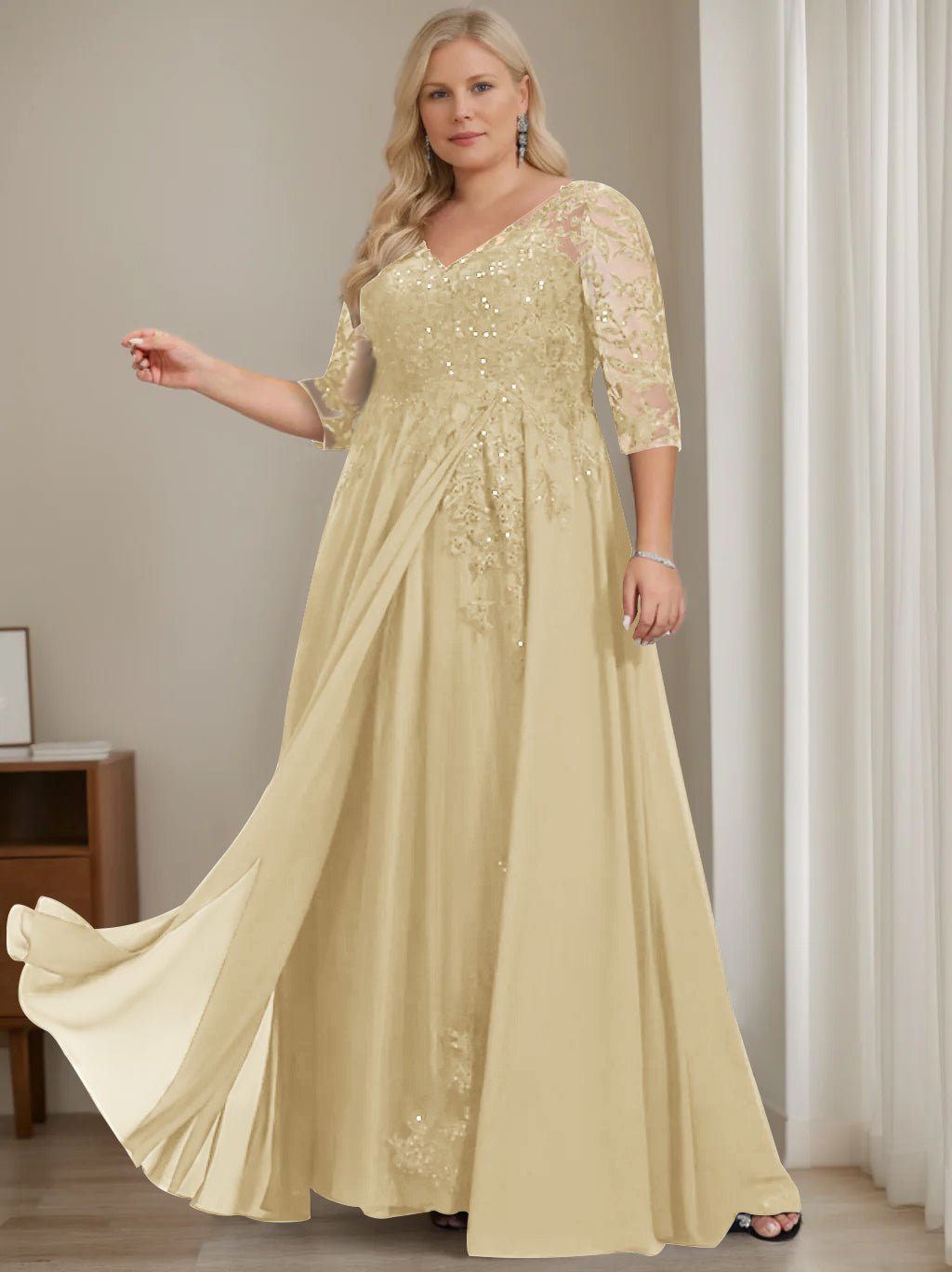 Robe de Mère de la Mariée Grande Taille, Coupe A-Line/Princess, Col en V, Manches Mi-Longues, Longueur Au Sol, avec Paillettes