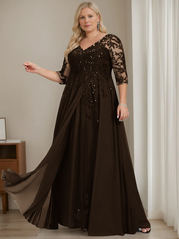 Robe de Mère de la Mariée Grande Taille, Coupe A-Line/Princess, Col en V, Manches Mi-Longues, Longueur Au Sol, avec Paillettes