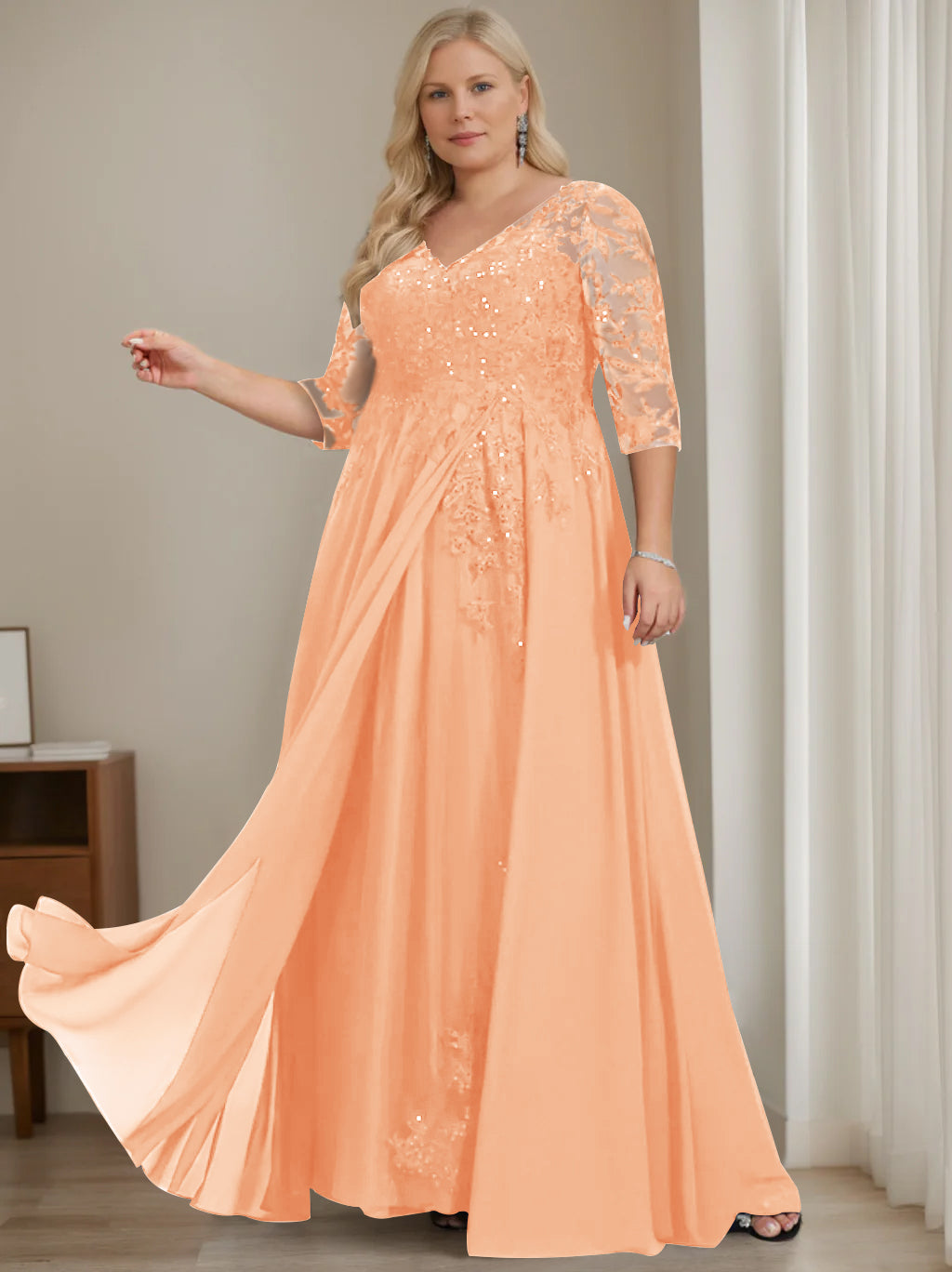 Robe de Mère de la Mariée Grande Taille, Coupe A-Line/Princess, Col en V, Manches Mi-Longues, Longueur Au Sol, avec Paillettes