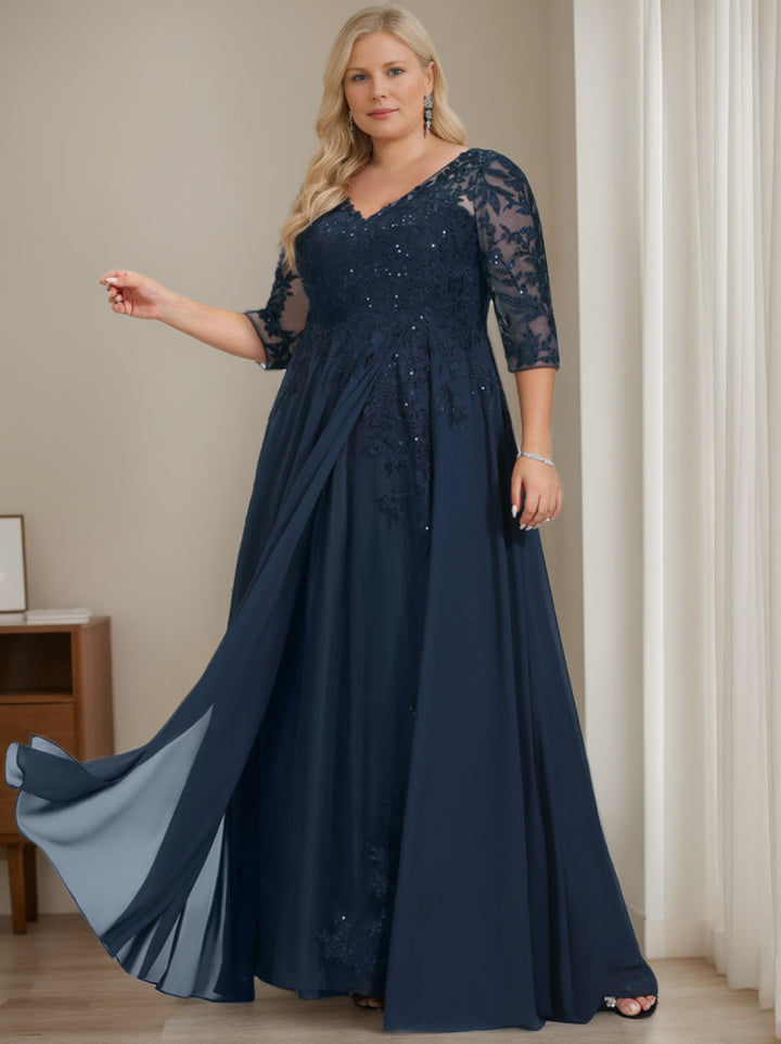 Robe de Mère de la Mariée Grande Taille, Coupe A-Line/Princess, Col en V, Manches Mi-Longues, Longueur Au Sol, avec Paillettes