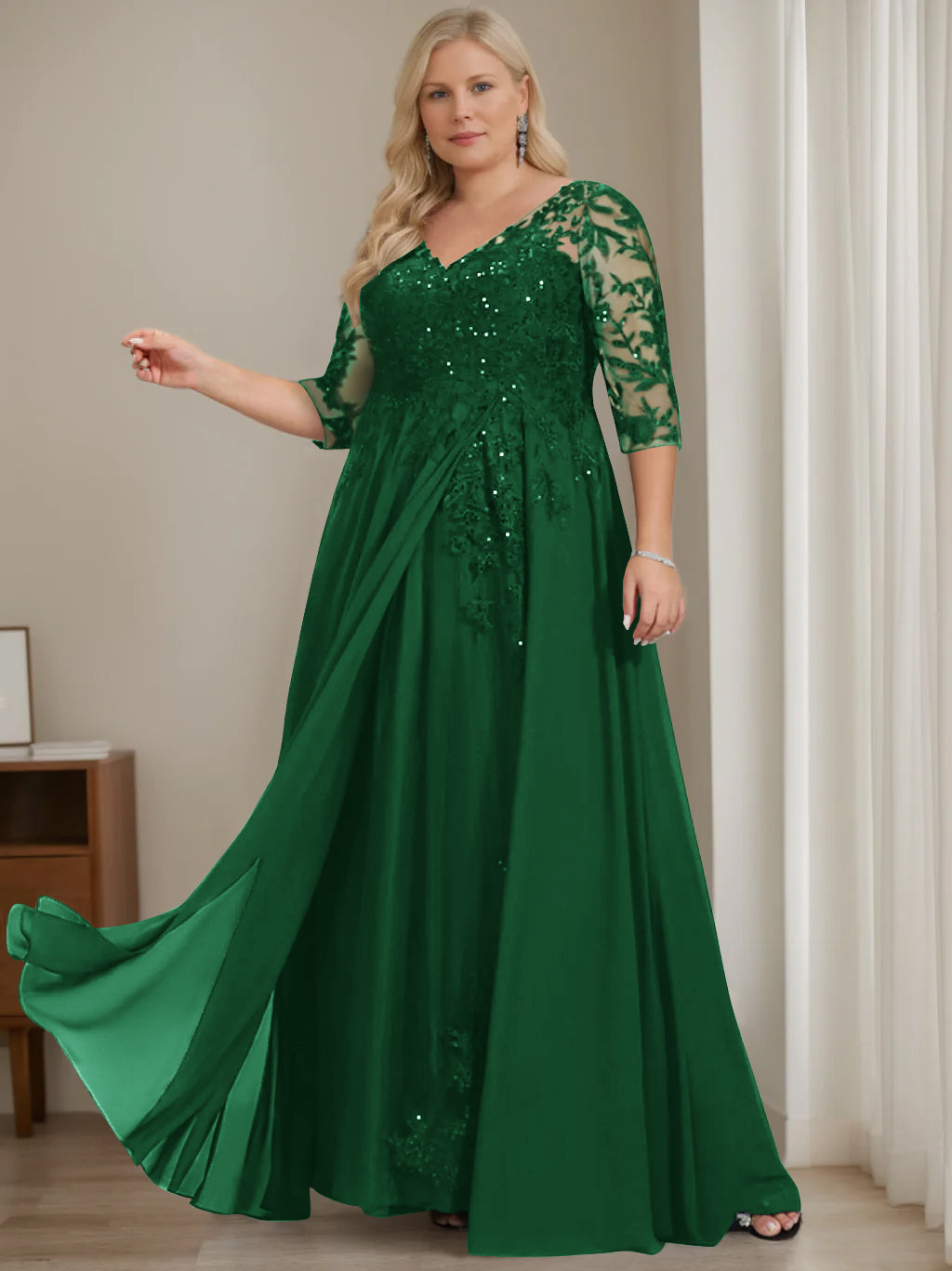 Robe de Mère de la Mariée Grande Taille, Coupe A-Line/Princess, Col en V, Manches Mi-Longues, Longueur Au Sol, avec Paillettes
