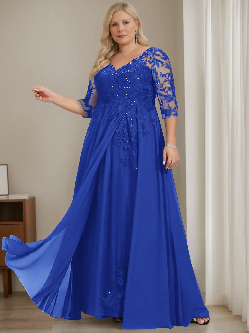 Robe de Mère de la Mariée Grande Taille, Coupe A-Line/Princess, Col en V, Manches Mi-Longues, Longueur Au Sol, avec Paillettes