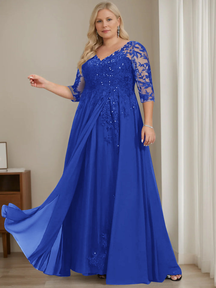 Robe de Mère de la Mariée Grande Taille, Coupe A-Line/Princess, Col en V, Manches Mi-Longues, Longueur Au Sol, avec Paillettes