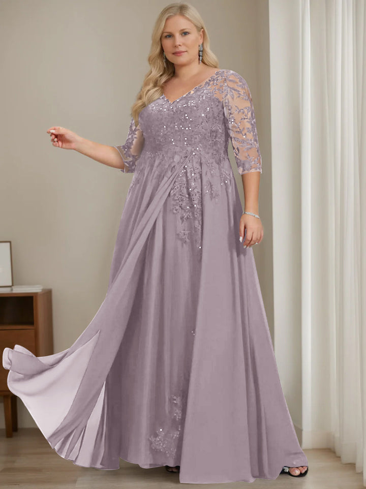 Robe de Mère de la Mariée Grande Taille, Coupe A-Line/Princess, Col en V, Manches Mi-Longues, Longueur Au Sol, avec Paillettes