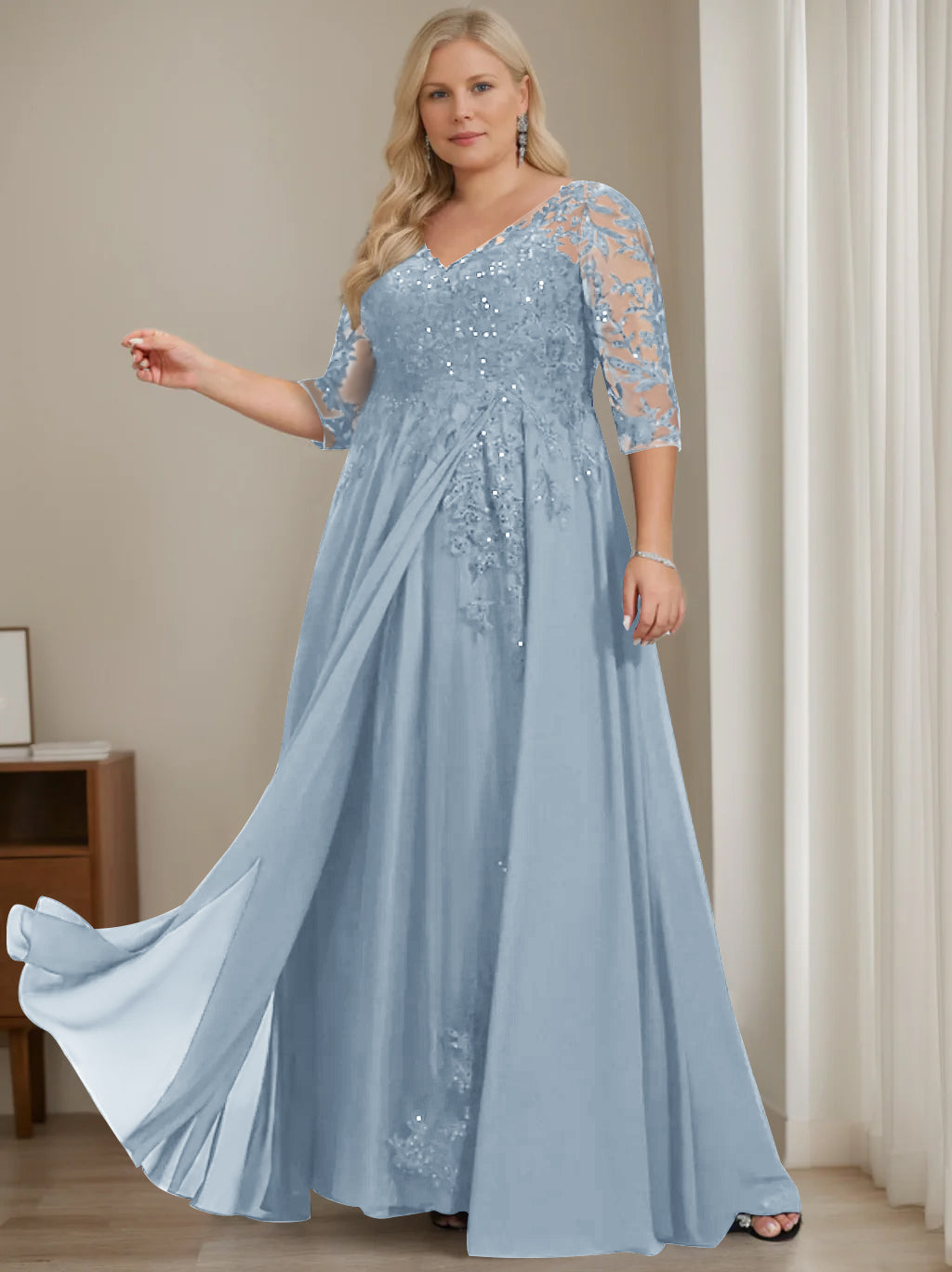 Robe de Mère de la Mariée Grande Taille, Coupe A-Line/Princess, Col en V, Manches Mi-Longues, Longueur Au Sol, avec Paillettes