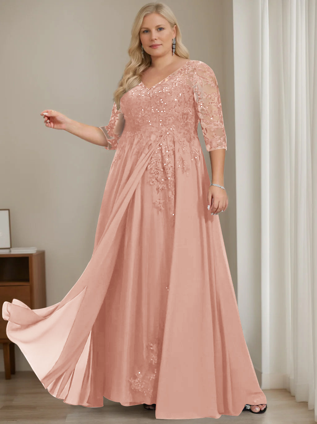Robe de Mère de la Mariée Grande Taille, Coupe A-Line/Princess, Col en V, Manches Mi-Longues, Longueur Au Sol, avec Paillettes