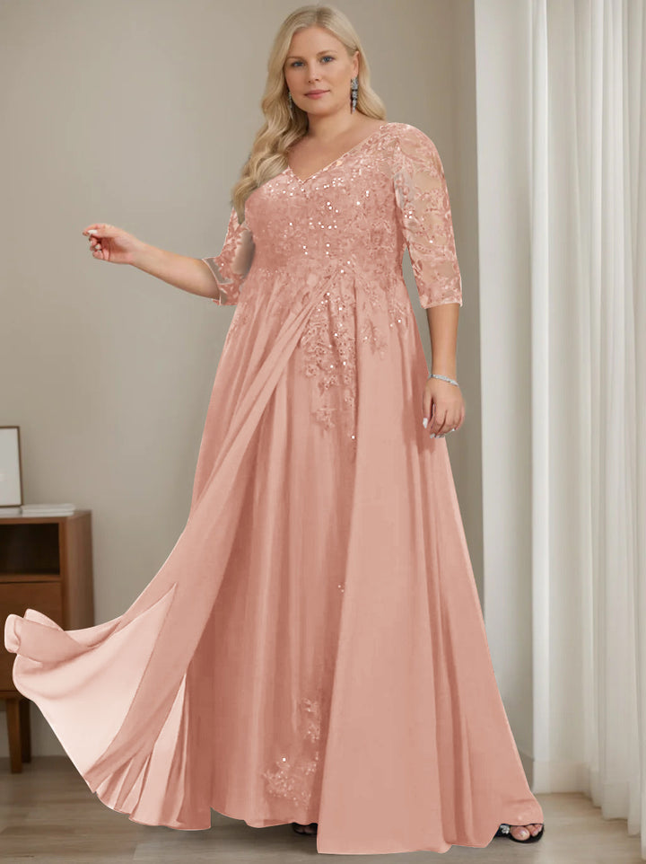 Robe de Mère de la Mariée Grande Taille, Coupe A-Line/Princess, Col en V, Manches Mi-Longues, Longueur Au Sol, avec Paillettes