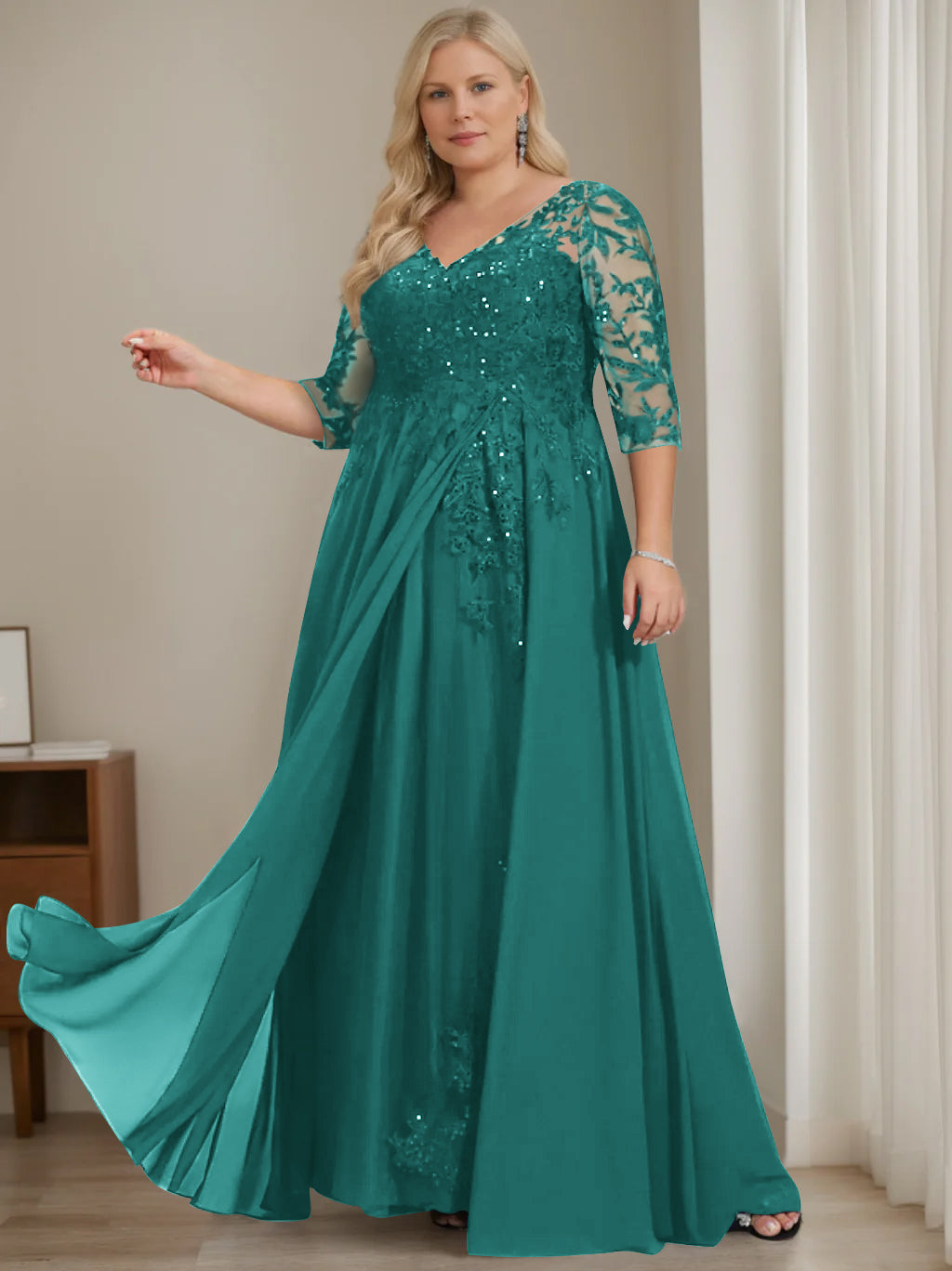 Robe de Mère de la Mariée Grande Taille, Coupe A-Line/Princess, Col en V, Manches Mi-Longues, Longueur Au Sol, avec Paillettes