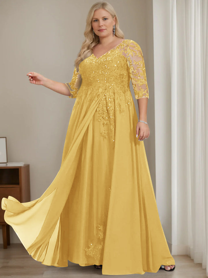 Robe de Mère de la Mariée Grande Taille, Coupe A-Line/Princess, Col en V, Manches Mi-Longues, Longueur Au Sol, avec Paillettes