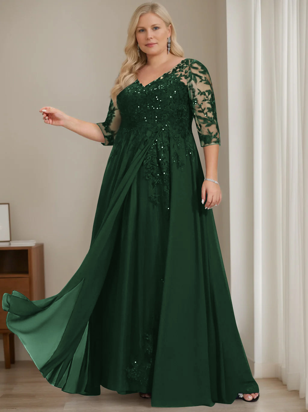 Robe de Mère de la Mariée Grande Taille, Coupe A-Line/Princess, Col en V, Manches Mi-Longues, Longueur Au Sol, avec Paillettes