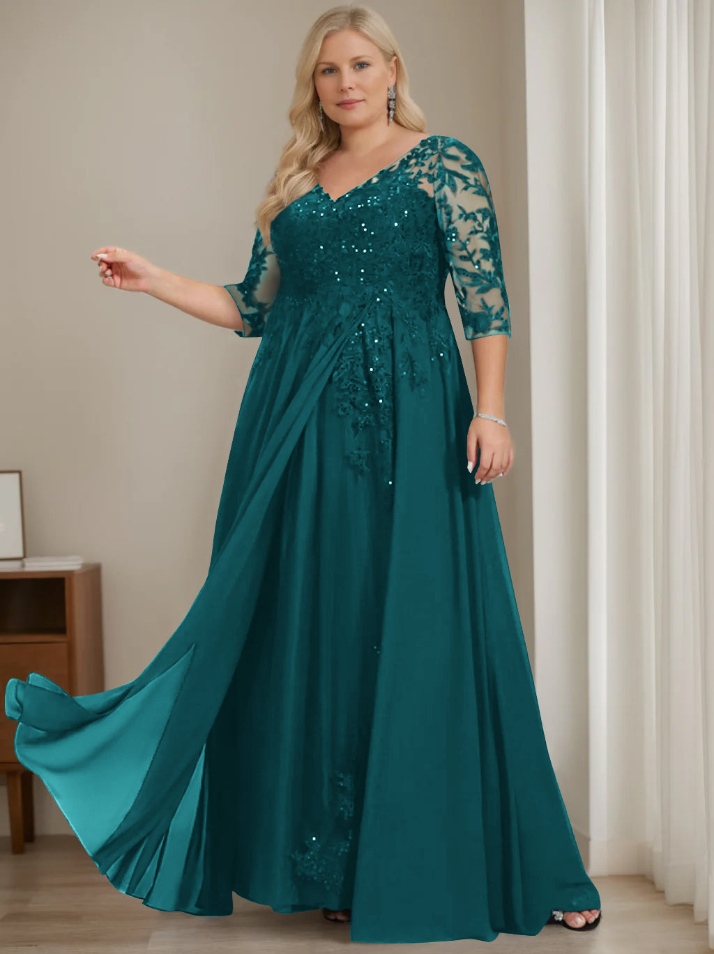Robe de Mère de la Mariée Grande Taille, Coupe A-Line/Princess, Col en V, Manches Mi-Longues, Longueur Au Sol, avec Paillettes