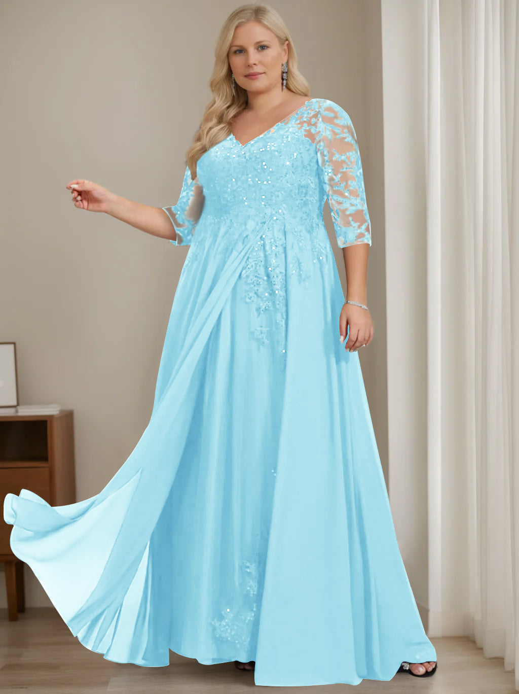 Robe de Mère de la Mariée Grande Taille, Coupe A-Line/Princess, Col en V, Manches Mi-Longues, Longueur Au Sol, avec Paillettes