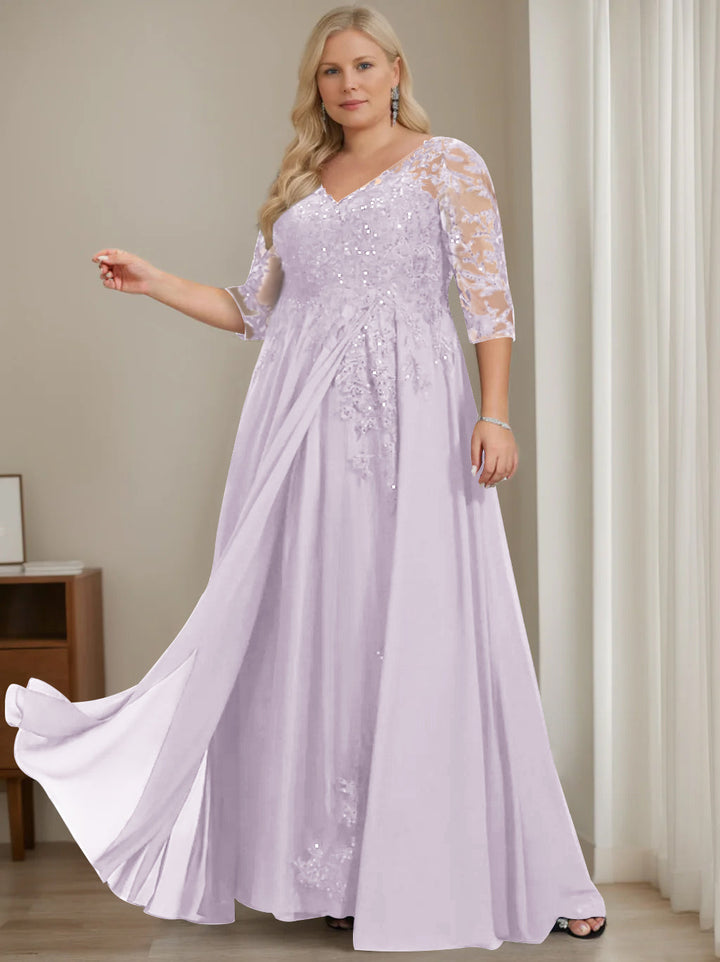 Robe de Mère de la Mariée Grande Taille, Coupe A-Line/Princess, Col en V, Manches Mi-Longues, Longueur Au Sol, avec Paillettes