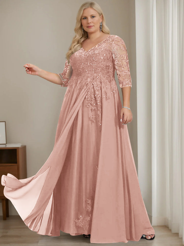 Robe de Mère de la Mariée Grande Taille, Coupe A-Line/Princess, Col en V, Manches Mi-Longues, Longueur Au Sol, avec Paillettes