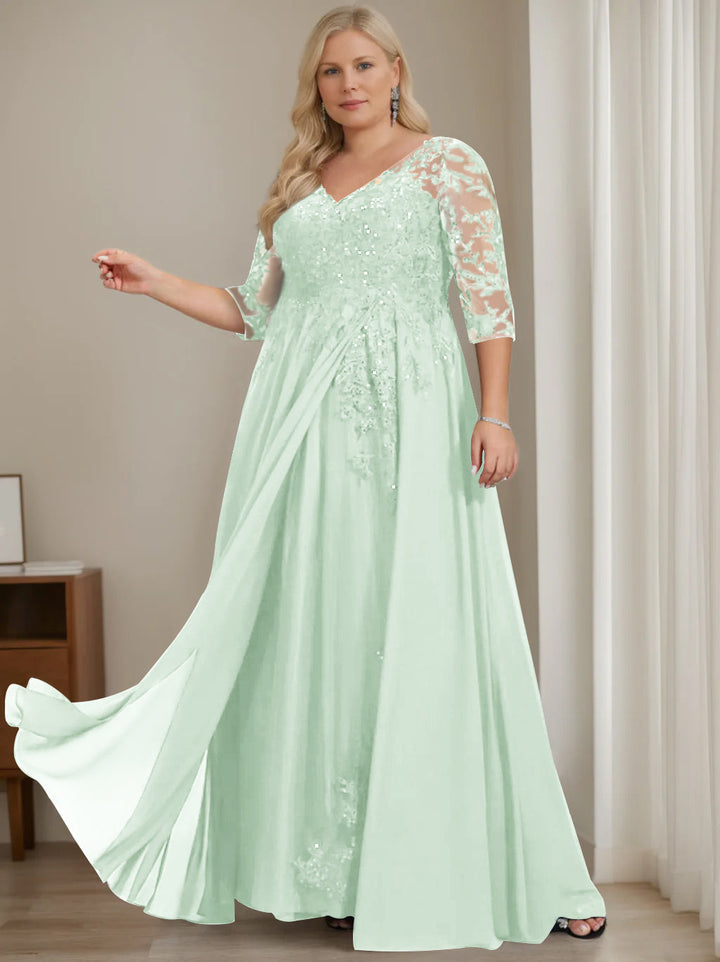 Robe de Mère de la Mariée Grande Taille, Coupe A-Line/Princess, Col en V, Manches Mi-Longues, Longueur Au Sol, avec Paillettes