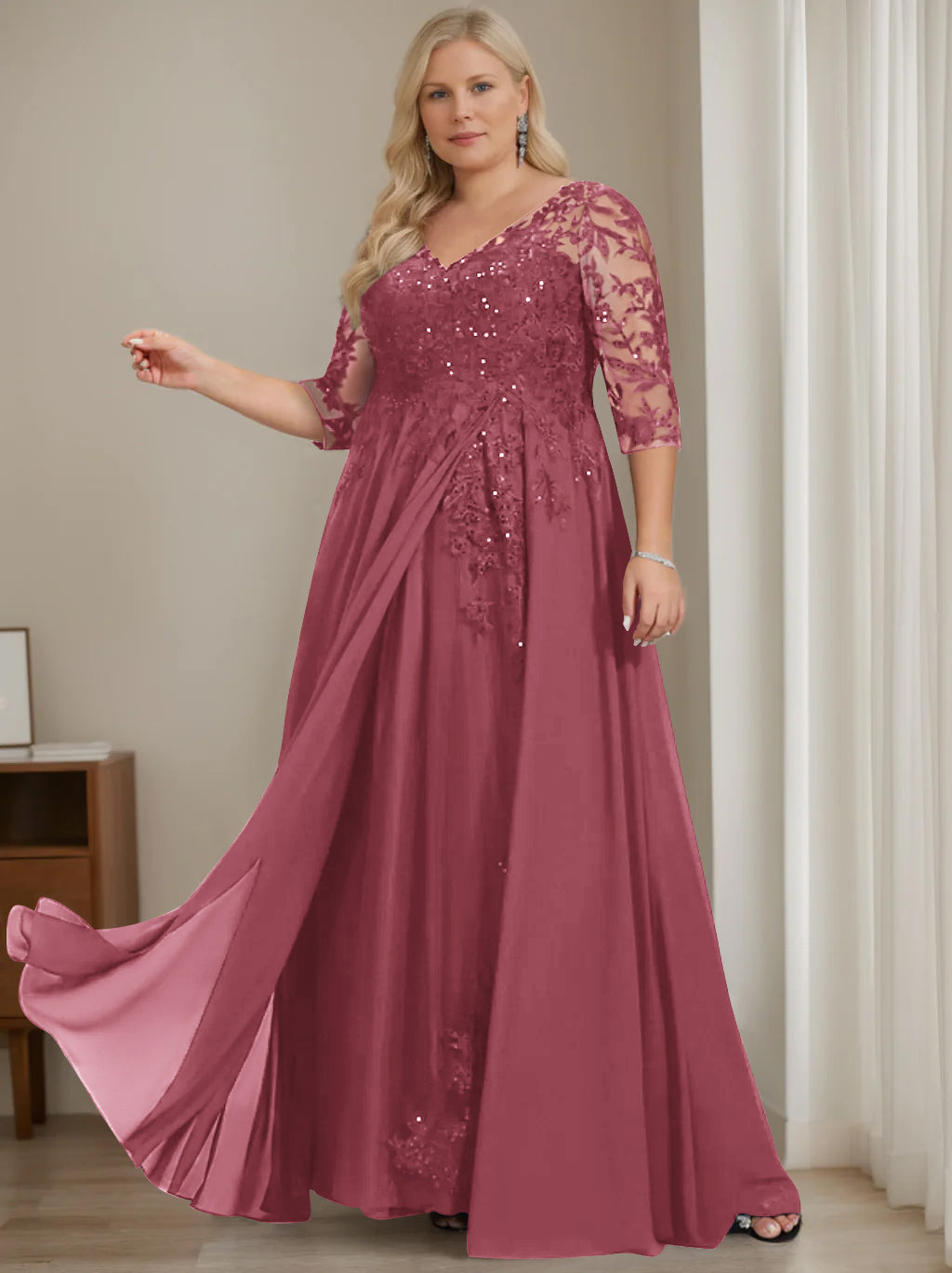 Robe de Mère de la Mariée Grande Taille, Coupe A-Line/Princess, Col en V, Manches Mi-Longues, Longueur Au Sol, avec Paillettes