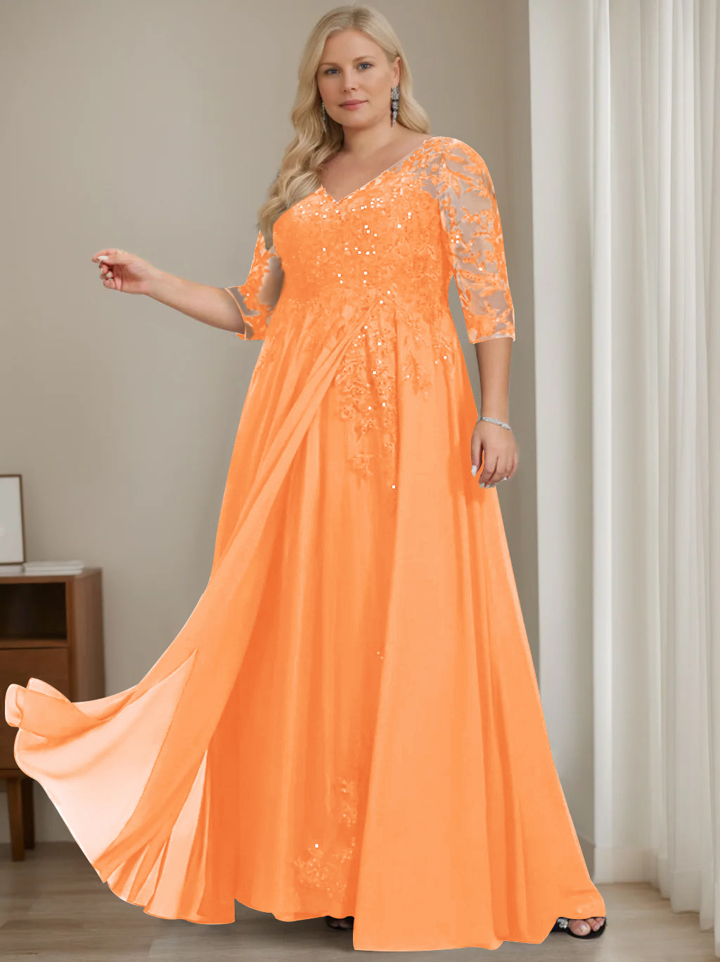 Robe de Mère de la Mariée Grande Taille, Coupe A-Line/Princess, Col en V, Manches Mi-Longues, Longueur Au Sol, avec Paillettes