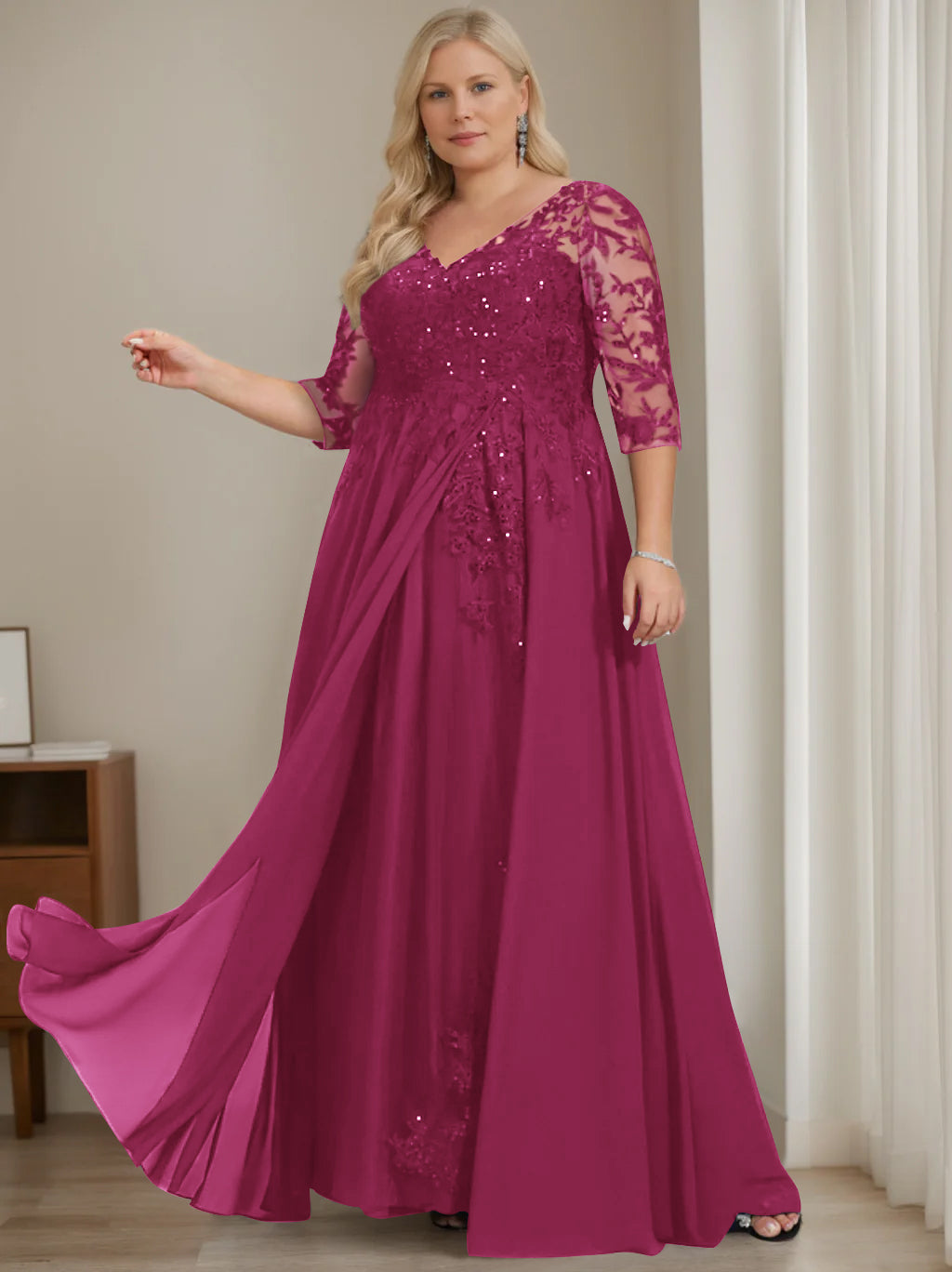 Robe de Mère de la Mariée Grande Taille, Coupe A-Line/Princess, Col en V, Manches Mi-Longues, Longueur Au Sol, avec Paillettes