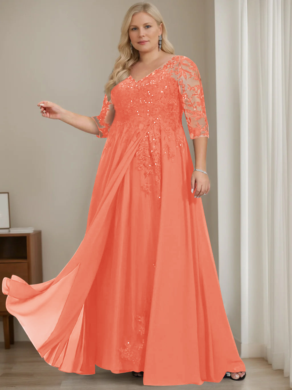 Robe de Mère de la Mariée Grande Taille, Coupe A-Line/Princess, Col en V, Manches Mi-Longues, Longueur Au Sol, avec Paillettes