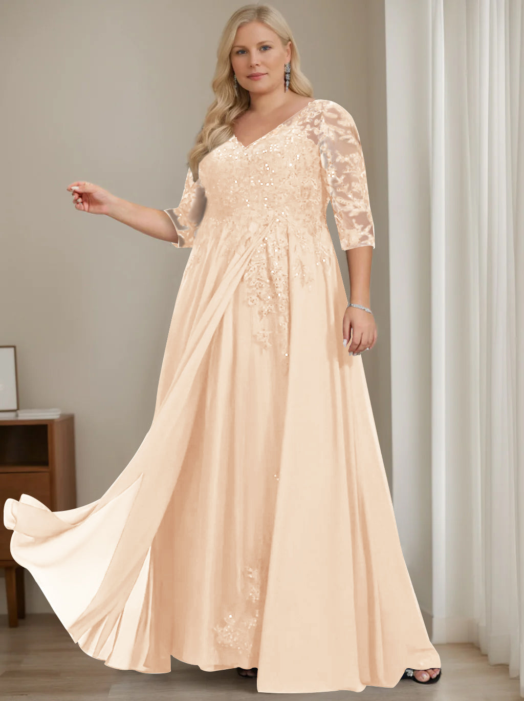 Robe de Mère de la Mariée Grande Taille, Coupe A-Line/Princess, Col en V, Manches Mi-Longues, Longueur Au Sol, avec Paillettes