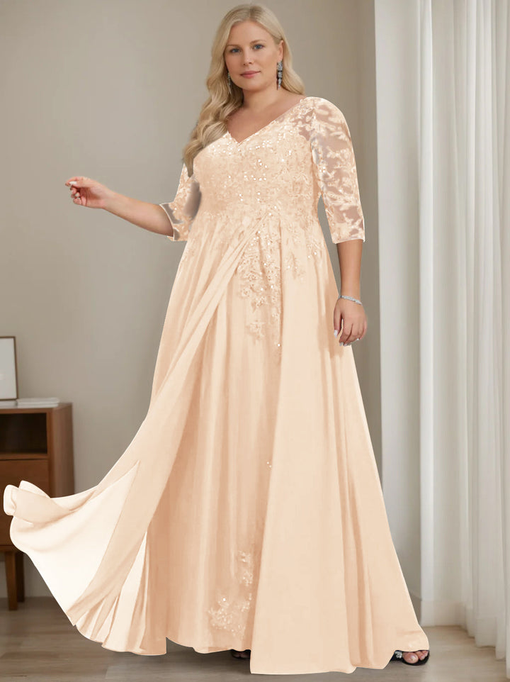 Robe de Mère de la Mariée Grande Taille, Coupe A-Line/Princess, Col en V, Manches Mi-Longues, Longueur Au Sol, avec Paillettes