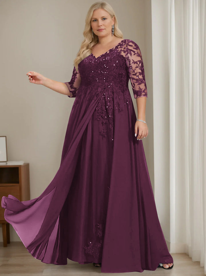 Robe de Mère de la Mariée Grande Taille, Coupe A-Line/Princess, Col en V, Manches Mi-Longues, Longueur Au Sol, avec Paillettes