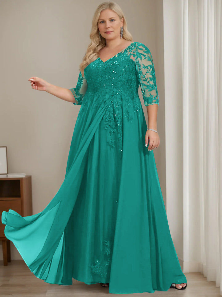 Robe de Mère de la Mariée Grande Taille, Coupe A-Line/Princess, Col en V, Manches Mi-Longues, Longueur Au Sol, avec Paillettes